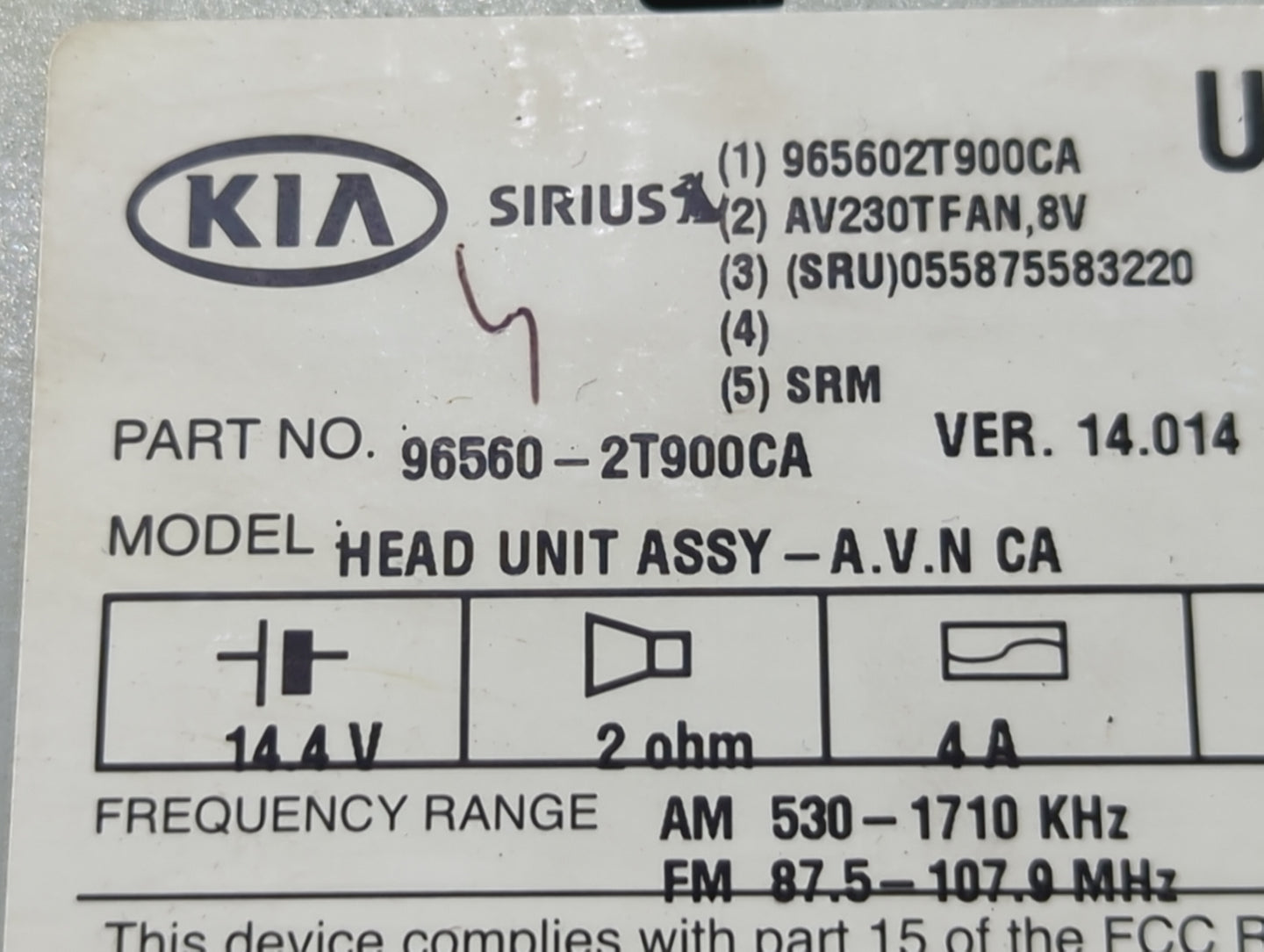 2014-2015 Kia Optima Radio AM FM Cd Player Receiver Replacement P/N:96560-2T900CA Fits Fits 2014 2015 OEM Used Auto Parts - 