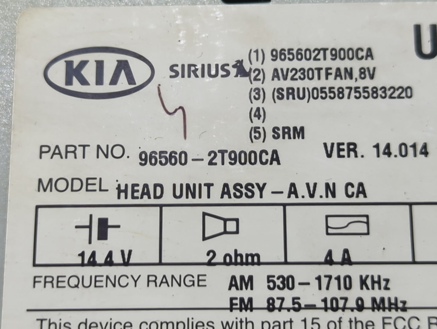 2014-2015 Kia Optima Radio AM FM Cd Player Receiver Replacement P/N:96560-2T900CA Fits Fits 2014 2015 OEM Used Auto Parts - 