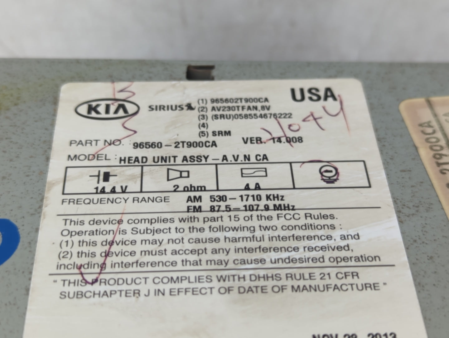 2014-2015 Kia Optima Radio AM FM Cd Player Receiver Replacement P/N:96560-2T900CA Fits Fits 2014 2015 OEM Used Auto Parts - 