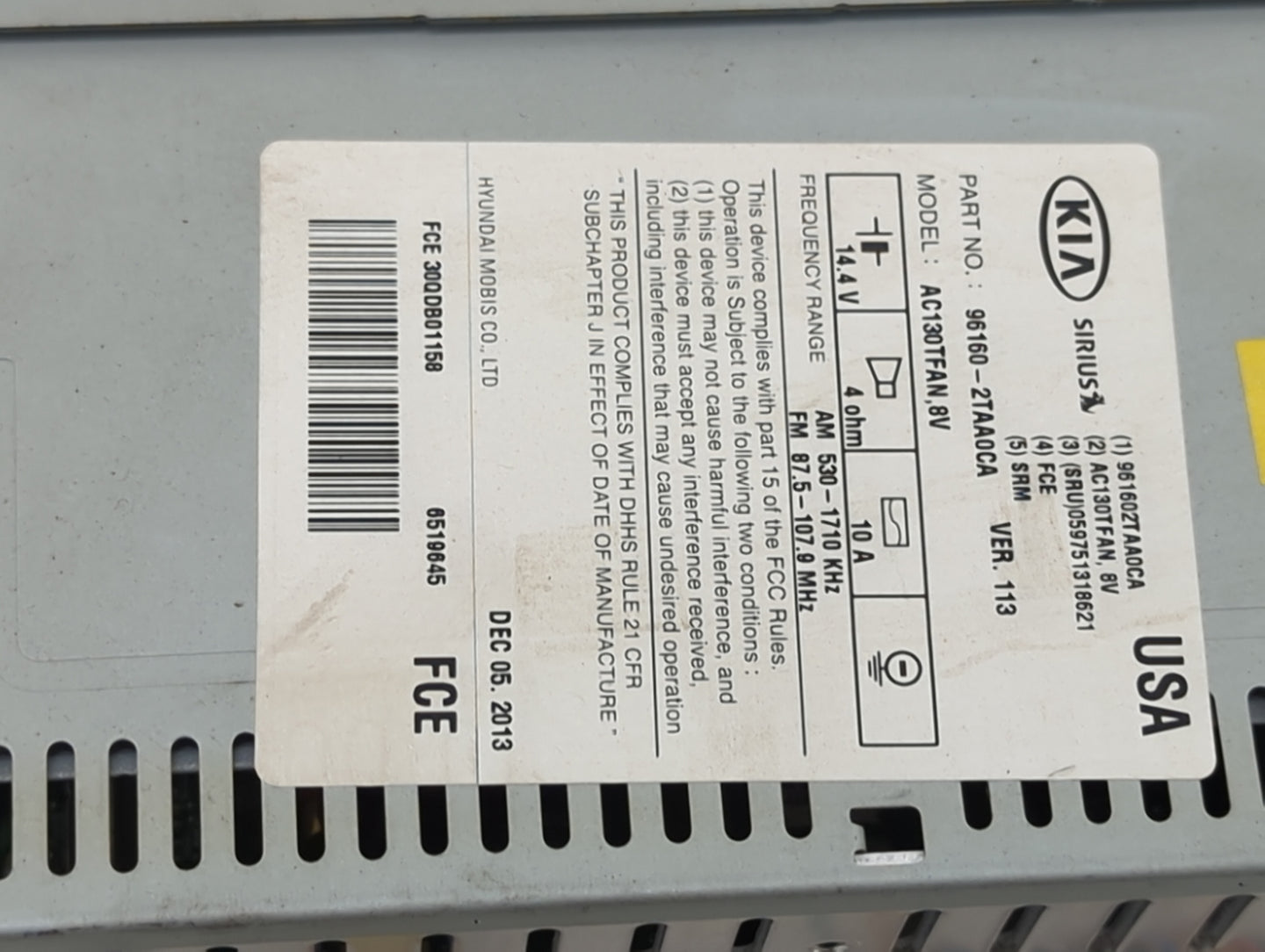 2014 Kia Optima Radio AM FM Cd Player Receiver Replacement P/N:96160-2TAA0CA AC130TFAN, 8V Fits OEM Used Auto Parts - Oemuse