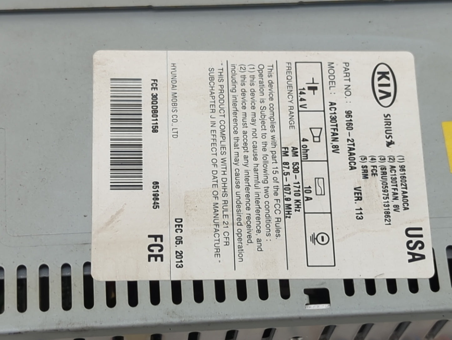 2014 Kia Optima Radio AM FM Cd Player Receiver Replacement P/N:96160-2TAA0CA AC130TFAN, 8V Fits OEM Used Auto Parts - Oemuse