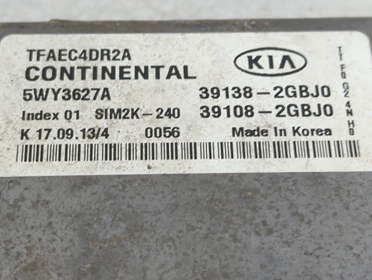 2014 Kia Optima PCM Engine Control Computer ECU ECM PCU OEM P/N:39138-2GBJ0, 39108-2GBJ0, 5WY3627A, TFAEC4DR2A, SIM2K-240 Fi