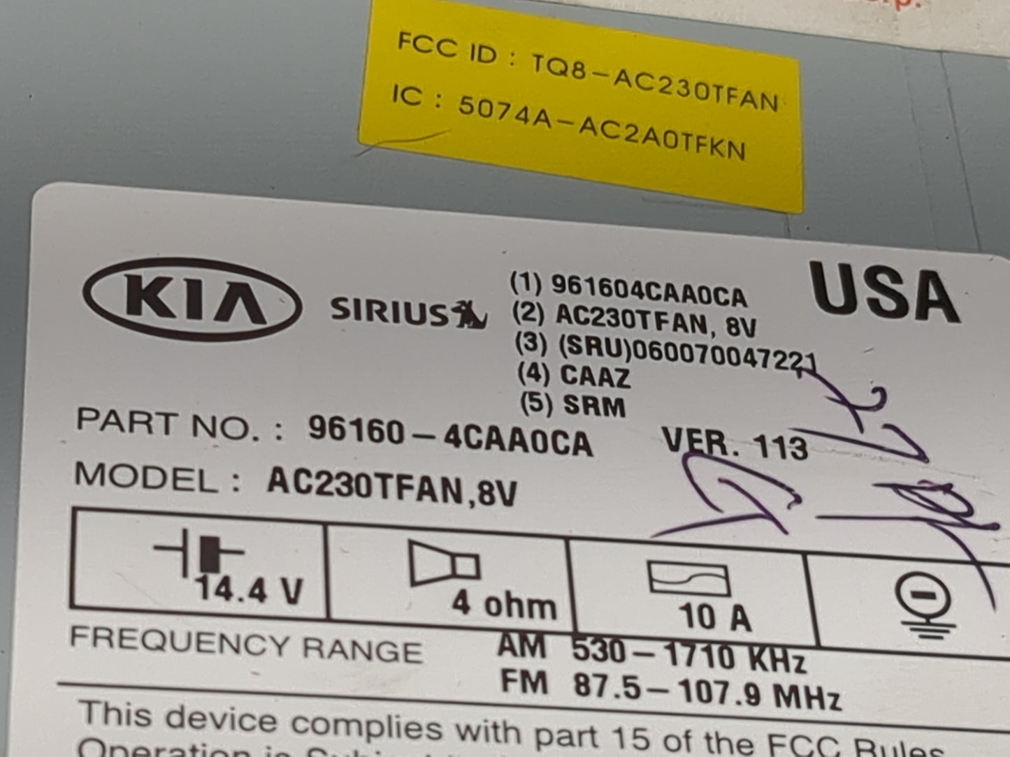 2014 Kia Optima Radio AM FM Cd Player Receiver Replacement P/N:961604CAA0CA 96160-4CAA0CA, AC230TFAN, TQ8-AC230TFAN Fits OEM