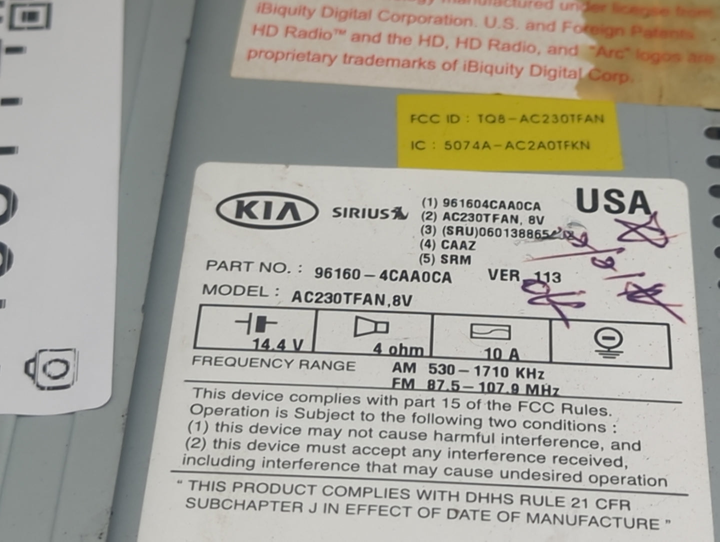 2014-2016 Kia Optima Radio AM FM Cd Player Receiver Replacement P/N:961604CAA0CA AC230TFAN, 96160-4CAA0CA Fits Fits 2014 201
