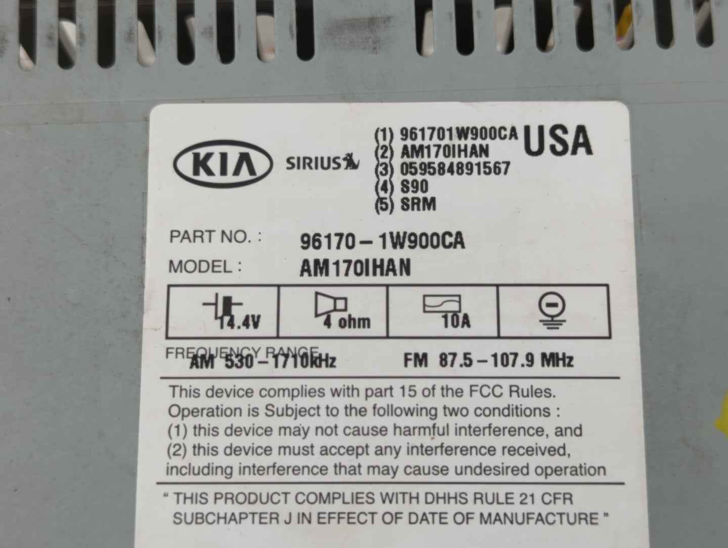 2012-2015 Kia Rio Radio AM FM Cd Player Receiver Replacement P/N:96170-1W900CA Fits Fits 2012 2013 2014 2015 OEM Used Auto P