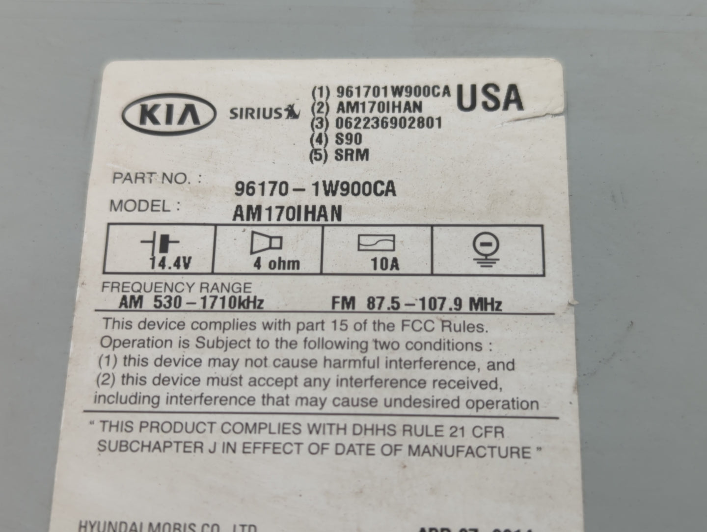 2012-2015 Kia Rio Radio AM FM Cd Player Receiver Replacement P/N:96170-1W900CA Fits Fits 2012 2013 2014 2015 OEM Used Auto P