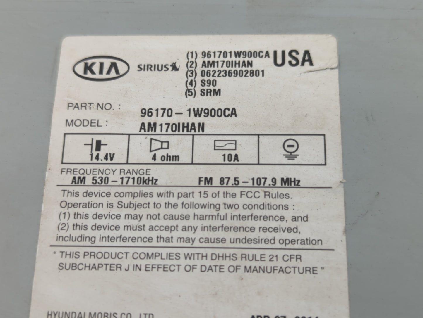 2012-2015 Kia Rio Radio AM FM Cd Player Receiver Replacement P/N:96170-1W900CA Fits Fits 2012 2013 2014 2015 OEM Used Auto P