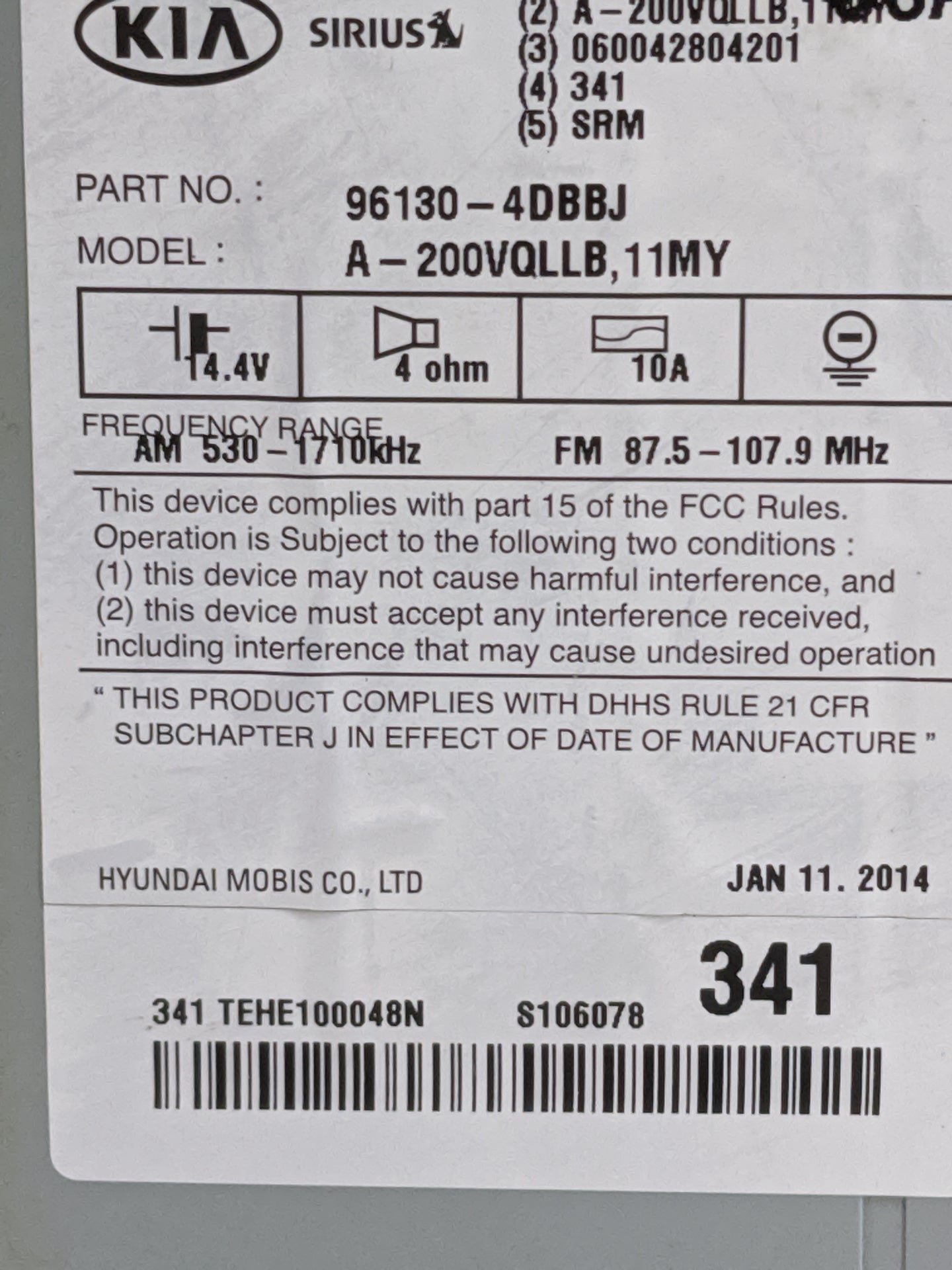 2011-2014 Kia Sedona Radio AM FM Cd Player Receiver Replacement P/N:96130-4DBBJ 961304DBBJ Fits Fits 2011 2012 2014 OEM Used
