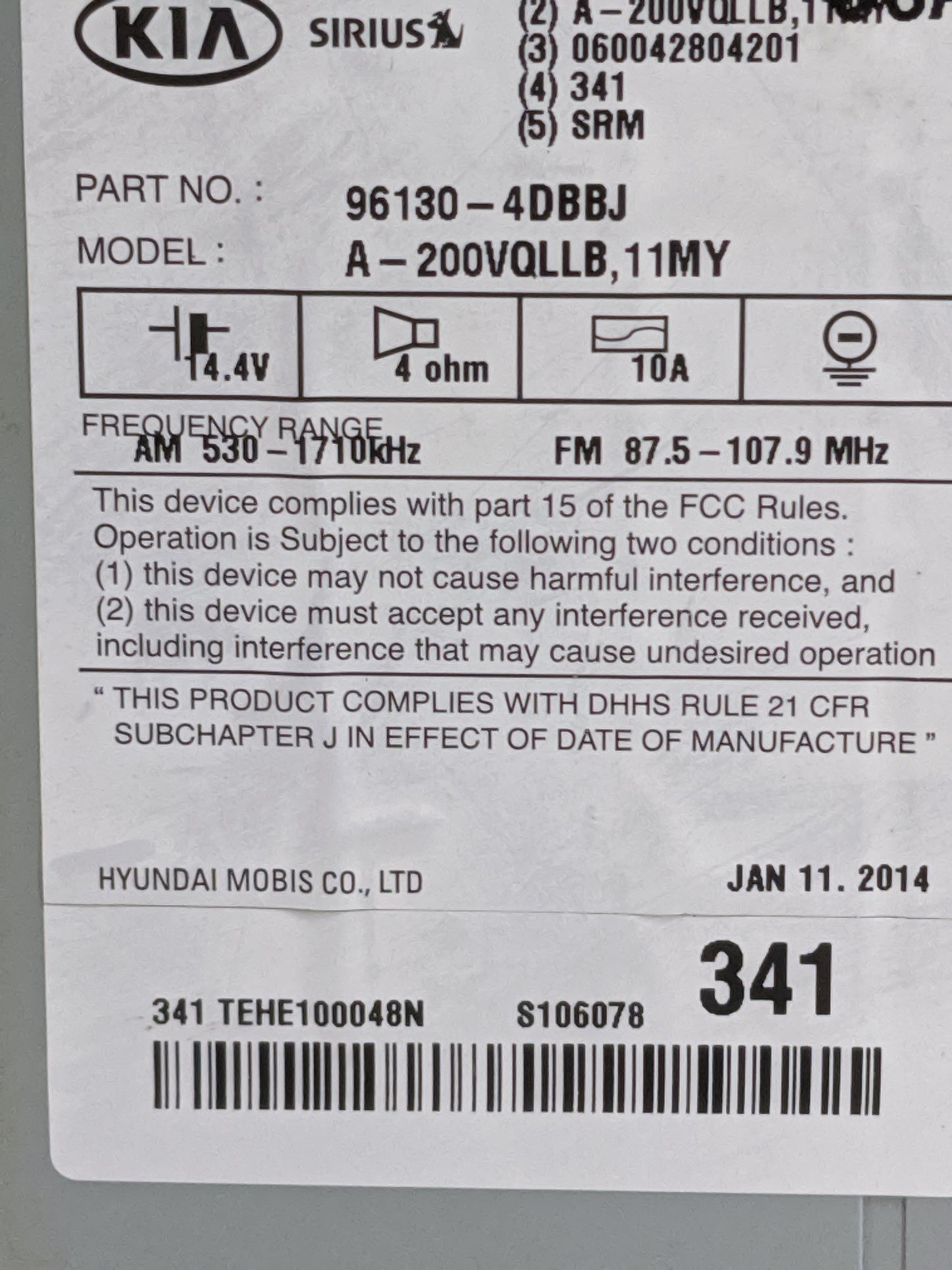 2011-2014 Kia Sedona Radio AM FM Cd Player Receiver Replacement P/N:96130-4DBBJ 961304DBBJ Fits Fits 2011 2012 2014 OEM Used