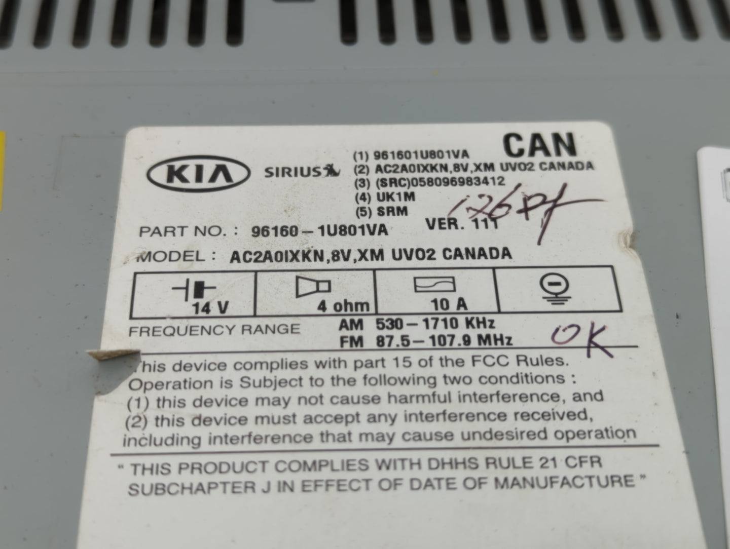2014 Kia Sorento Radio AM FM Cd Player Receiver Replacement P/N:96160-1U801VA Fits OEM Used Auto Parts - Oemusedautoparts1.c