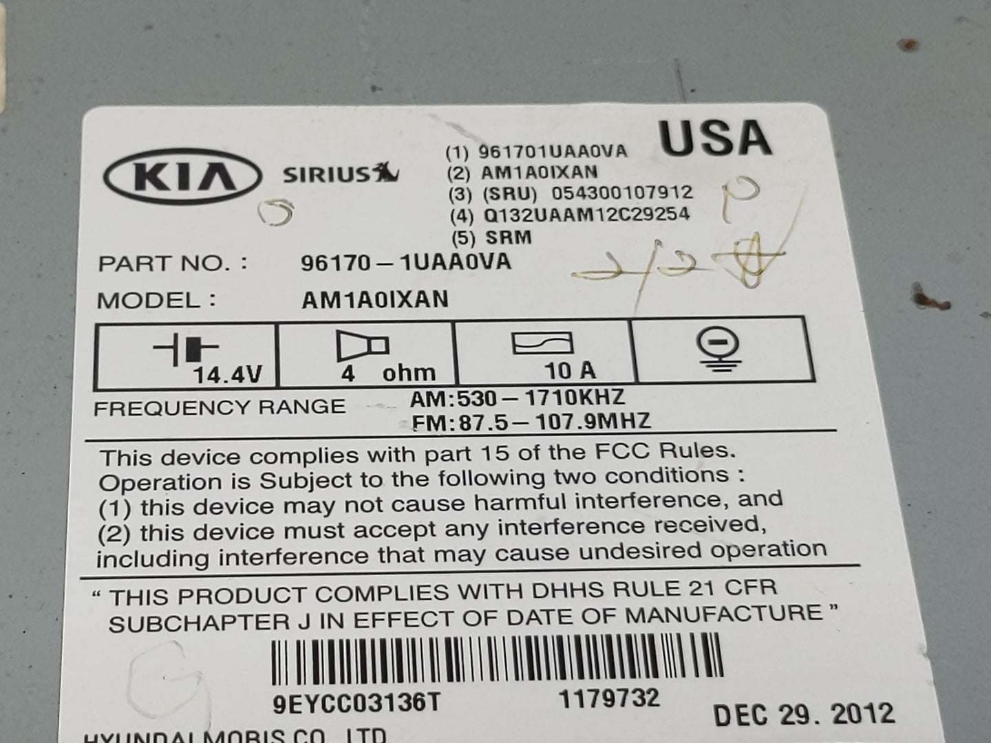 2014 Kia Sorento Radio AM FM Cd Player Receiver Replacement P/N:96170-1UAA0VA Fits OEM Used Auto Parts - Oemusedautoparts1.c
