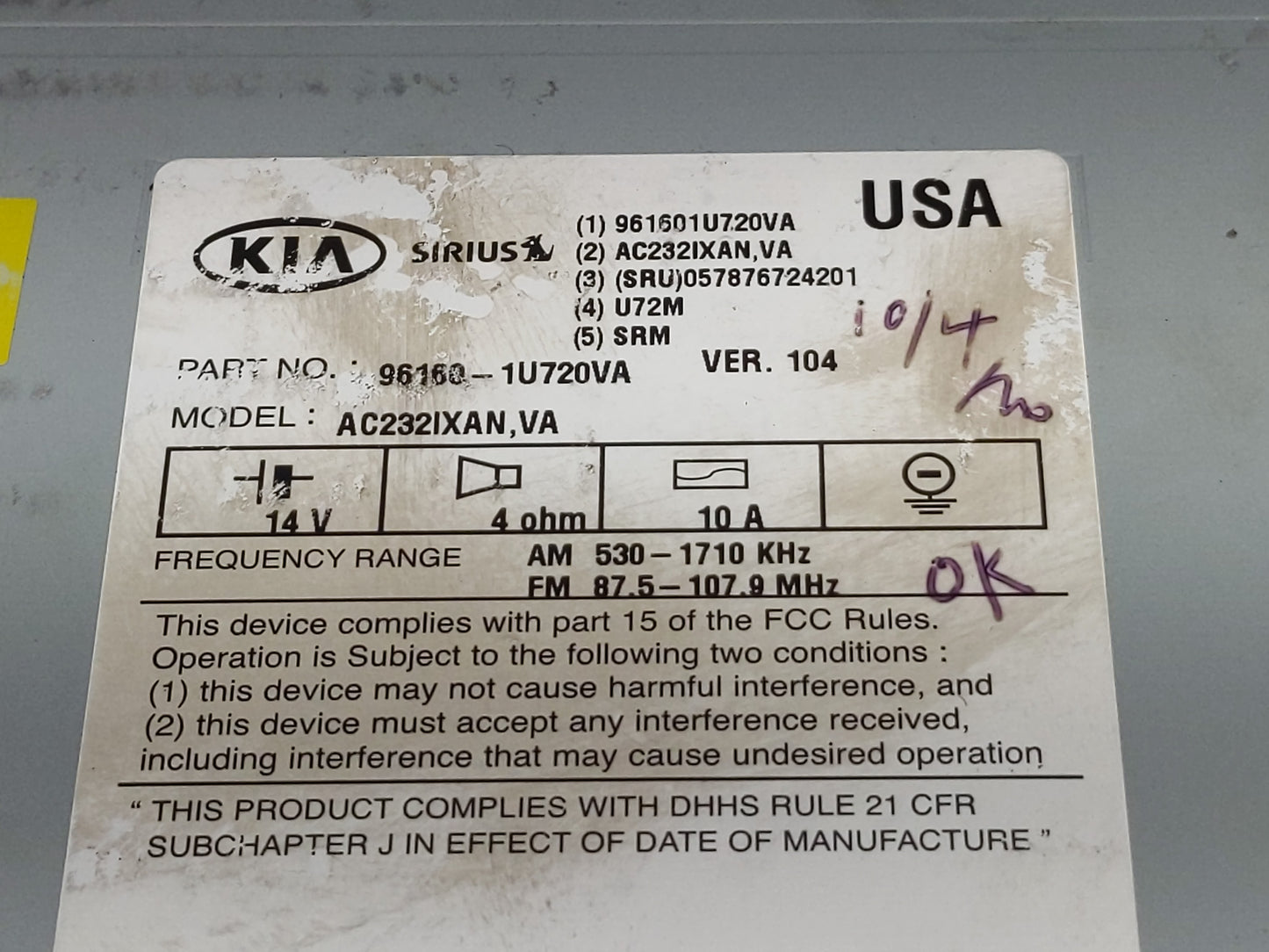 2014-2015 Kia Sorento Radio AM FM Cd Player Receiver Replacement P/N:96160-1U720VA Fits Fits 2014 2015 OEM Used Auto Parts -