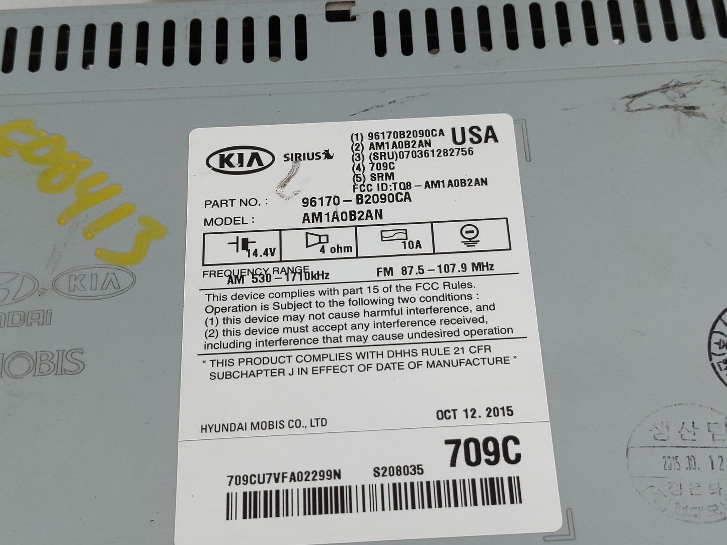 2014-2016 Kia Soul Radio AM FM Cd Player Receiver Replacement P/N:96170-B2090CA Fits Fits 2014 2015 2016 OEM Used Auto Parts