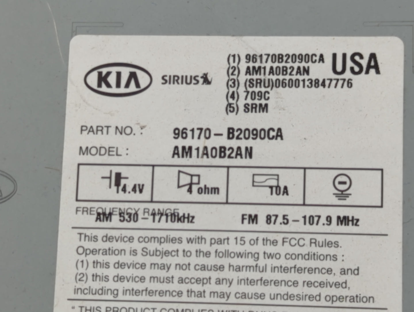 2014-2016 Kia Soul Radio AM FM Cd Player Receiver Replacement P/N:96170-B2090CA Fits Fits 2014 2015 2016 OEM Used Auto Parts