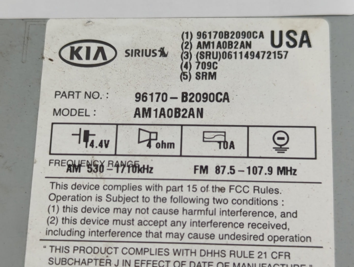 2014 Kia Soul Radio AM FM Cd Player Receiver Replacement P/N:96170-B2090CA Fits OEM Used Auto Parts - Oemusedautoparts1.com