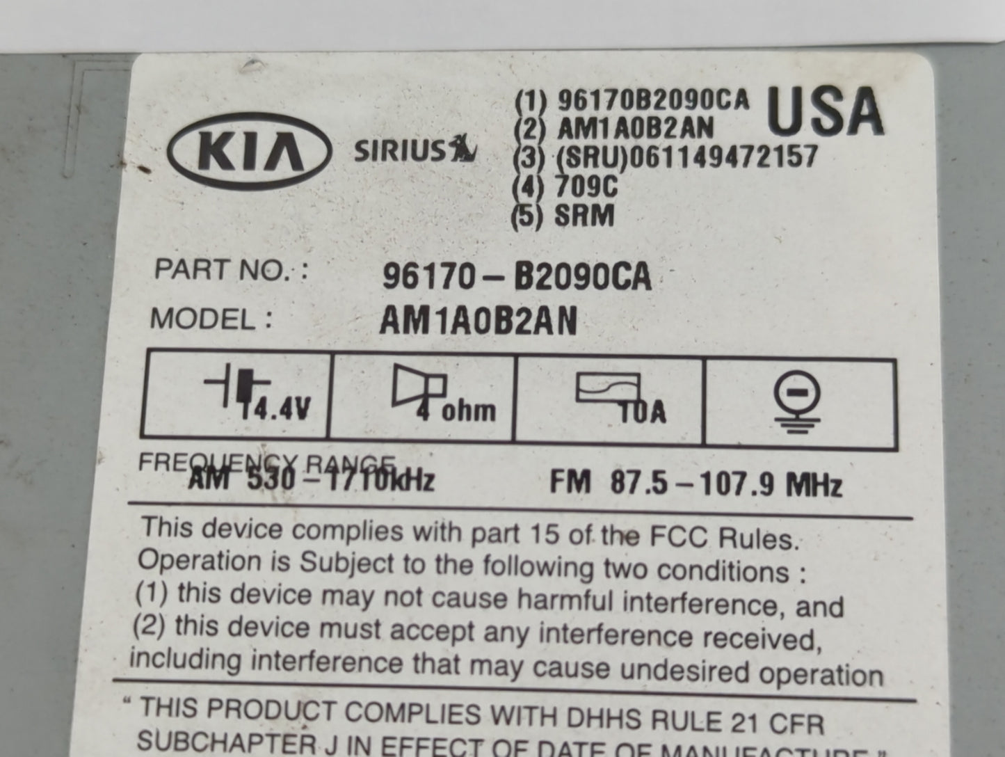2014 Kia Soul Radio AM FM Cd Player Receiver Replacement P/N:96170-B2090CA Fits OEM Used Auto Parts - Oemusedautoparts1.com