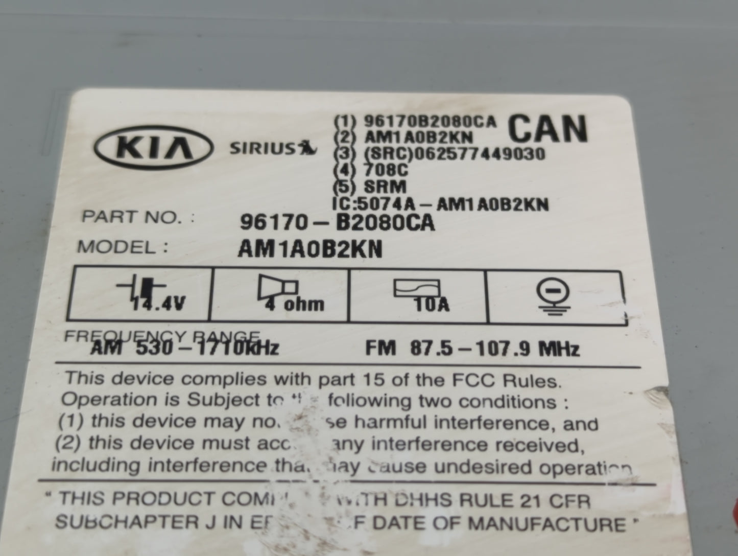 2014-2016 Kia Soul Radio AM FM Cd Player Receiver Replacement P/N:96170-B2080CA Fits Fits 2014 2015 2016 OEM Used Auto Parts