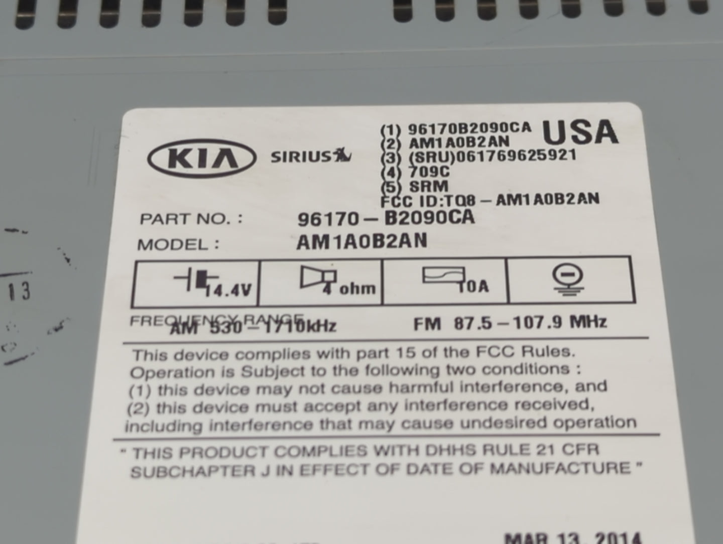 2014-2016 Kia Soul Radio AM FM Cd Player Receiver Replacement P/N:96170-B2090CA Fits Fits 2014 2015 2016 OEM Used Auto Parts