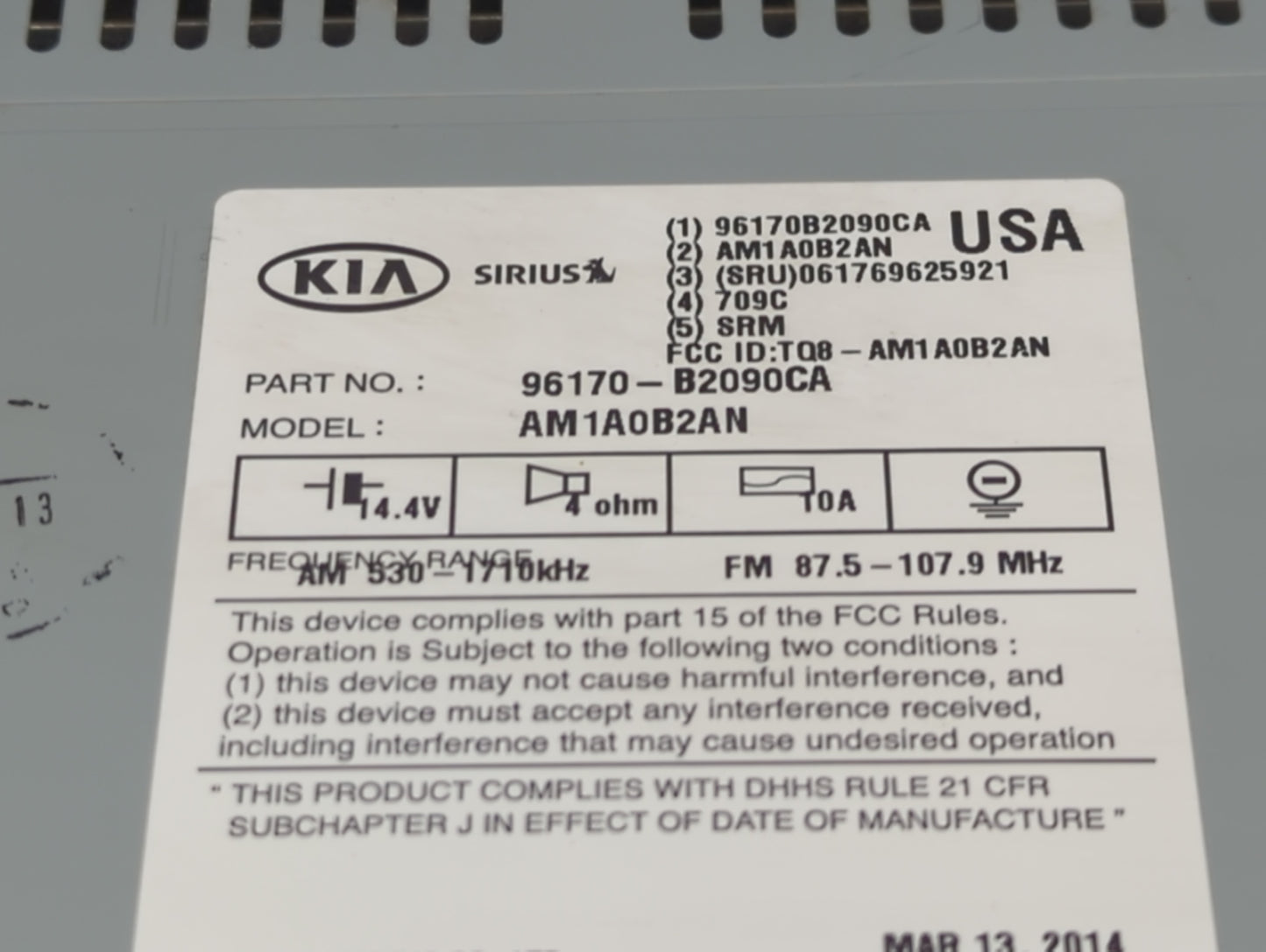2014-2016 Kia Soul Radio AM FM Cd Player Receiver Replacement P/N:96170-B2090CA Fits Fits 2014 2015 2016 OEM Used Auto Parts