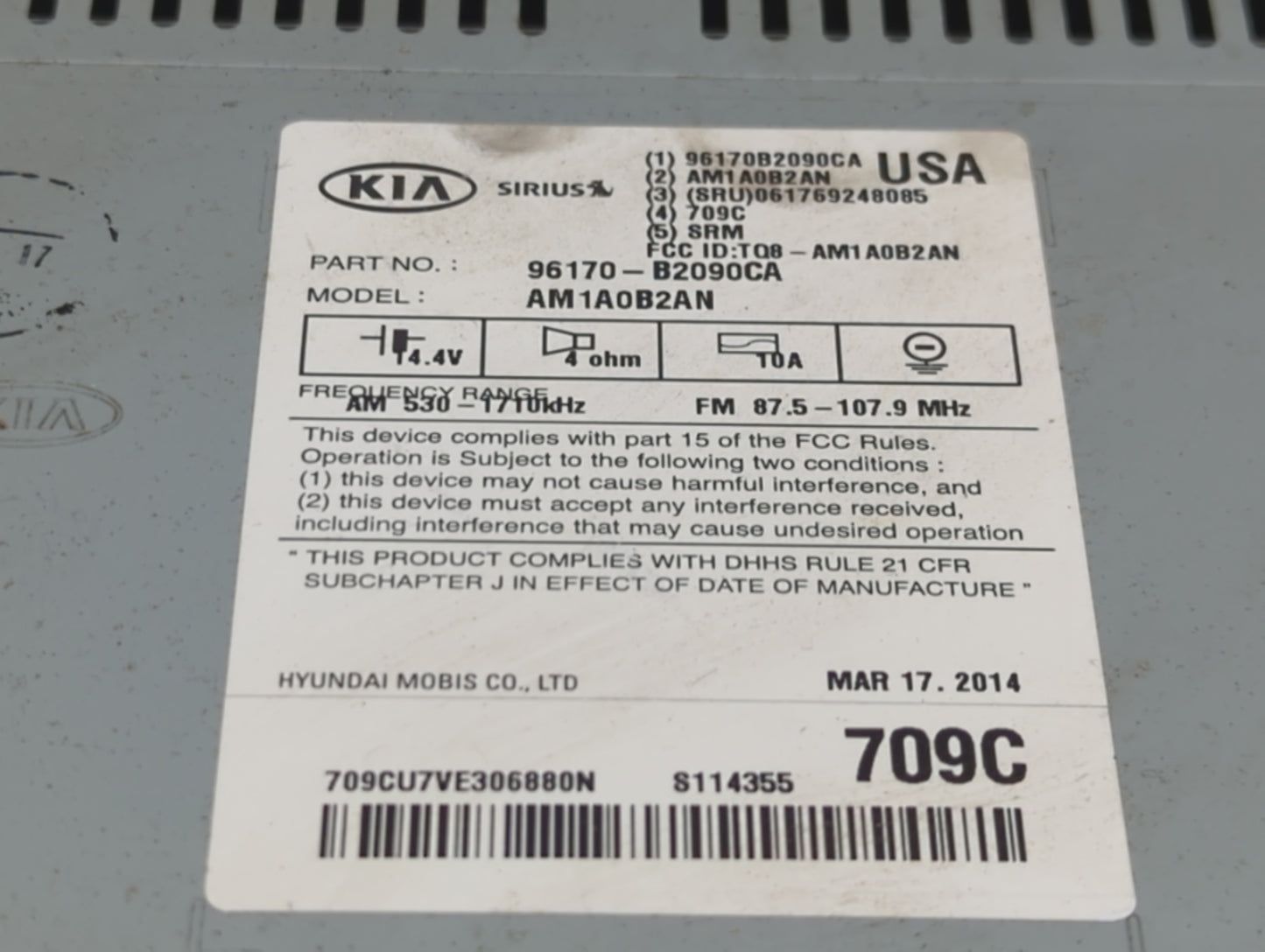 2014-2016 Kia Soul Radio AM FM Cd Player Receiver Replacement P/N:96170-B2090CA AM1A0B2AN Fits Fits 2014 2015 2016 OEM Used 