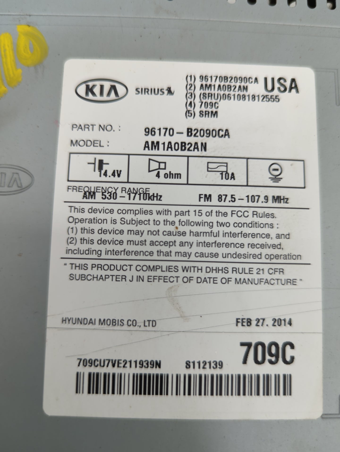 2014-2016 Kia Soul Radio AM FM Cd Player Receiver Replacement P/N:96170B2090CA AM1A0B2AN Fits Fits 2014 2015 2016 OEM Used A