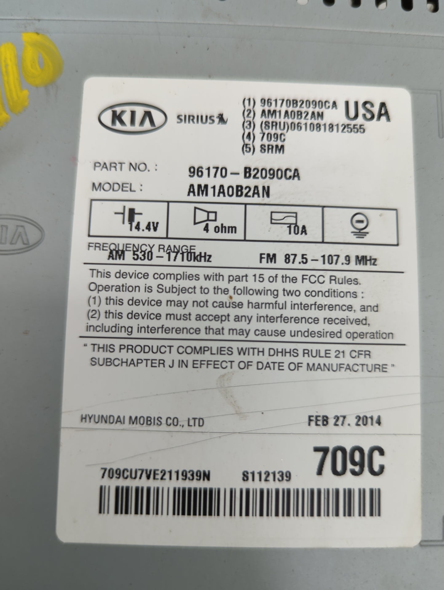 2014-2016 Kia Soul Radio AM FM Cd Player Receiver Replacement P/N:96170B2090CA AM1A0B2AN Fits Fits 2014 2015 2016 OEM Used A