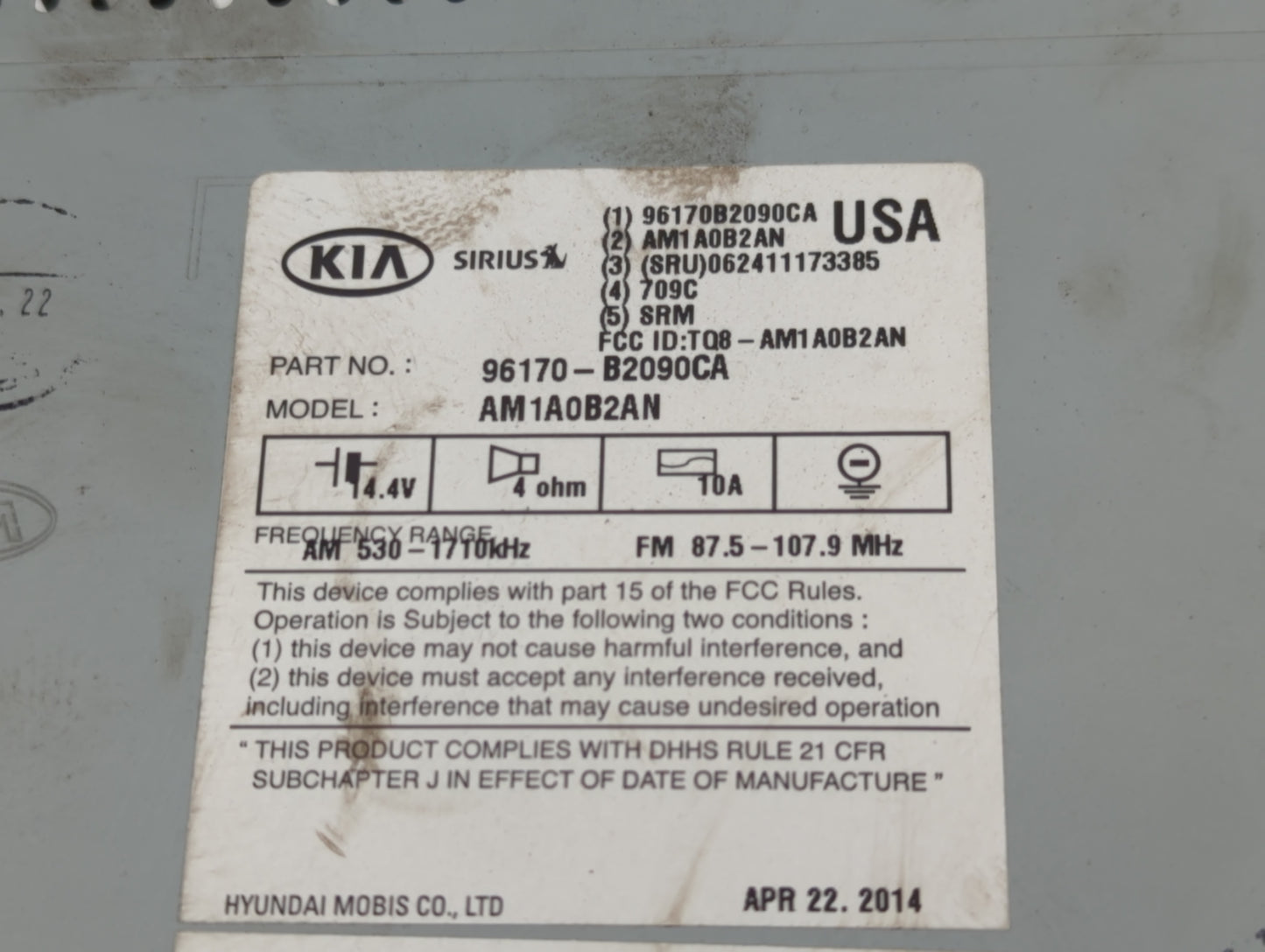 2014-2016 Kia Soul Radio AM FM Cd Player Receiver Replacement P/N:96170-B2090CA Fits Fits 2014 2015 2016 OEM Used Auto Parts