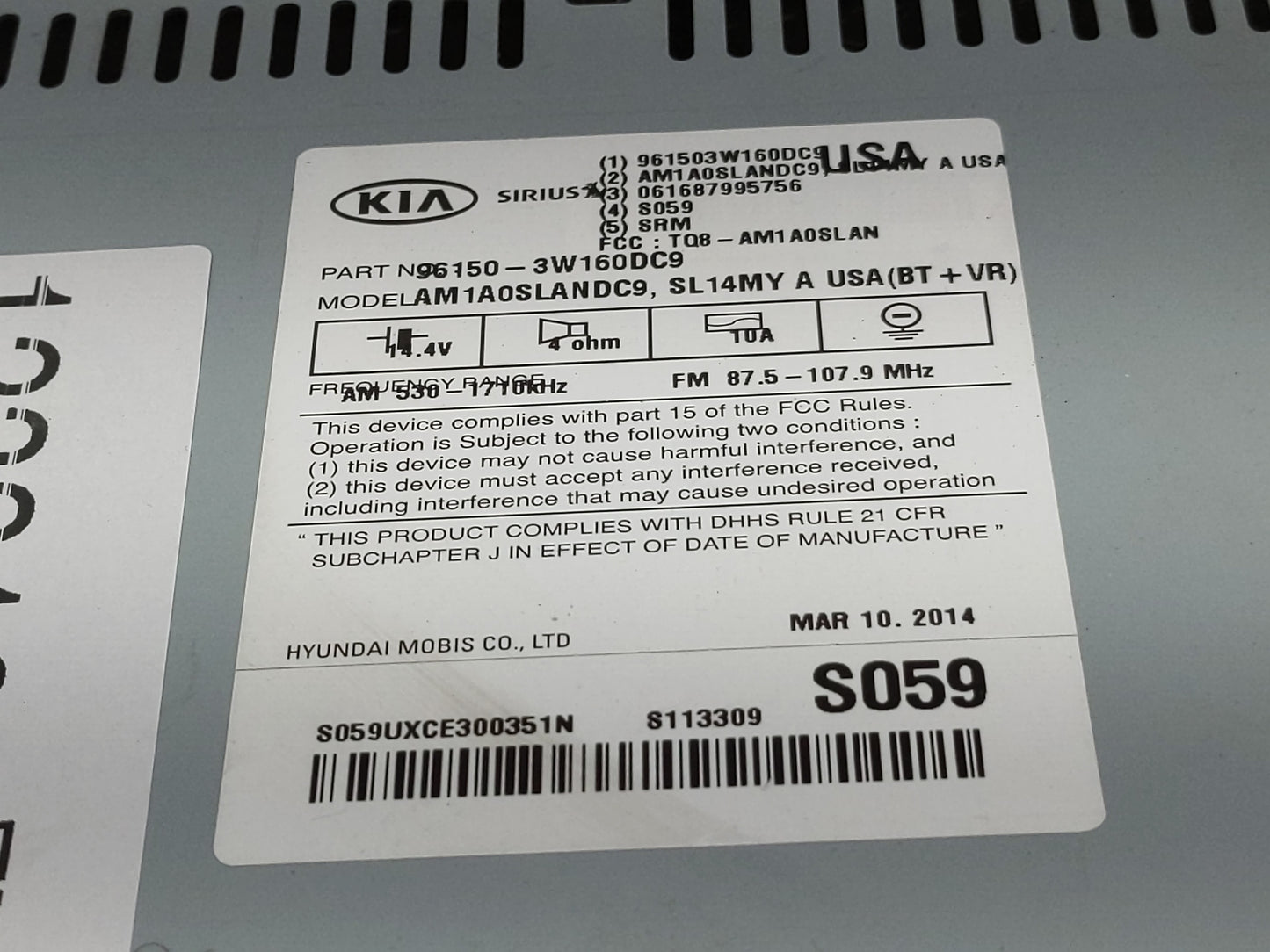 2014-2016 Kia Sportage Radio AM FM Cd Player Receiver Replacement P/N:96150-3W160DC9 Fits Fits 2014 2015 2016 OEM Used Auto 