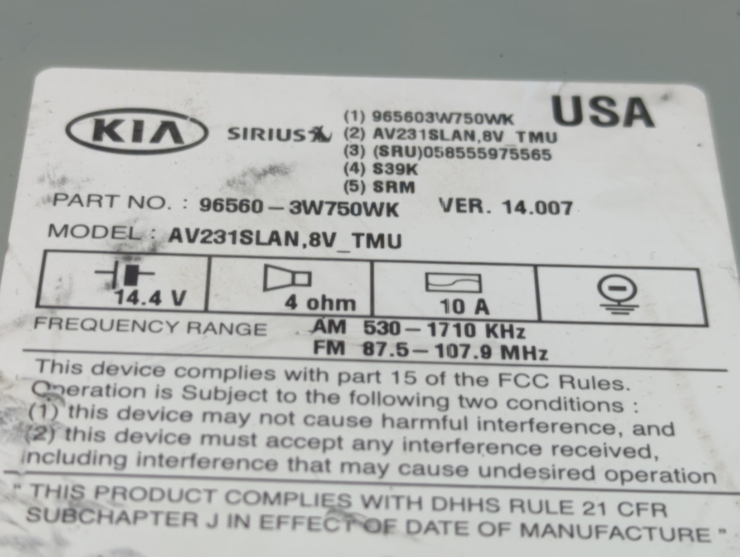 2014-2016 Kia Sportage Radio AM FM Cd Player Receiver Replacement P/N:96560-3W750WK Fits Fits 2014 2015 2016 OEM Used Auto P