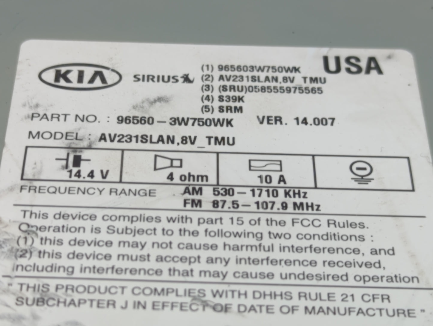 2014-2016 Kia Sportage Radio AM FM Cd Player Receiver Replacement P/N:96560-3W750WK Fits Fits 2014 2015 2016 OEM Used Auto P
