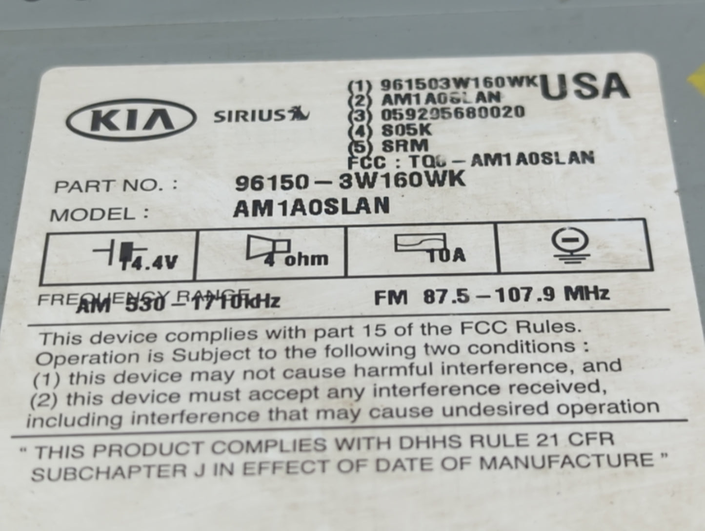 2014-2016 Kia Sportage Radio AM FM Cd Player Receiver Replacement P/N:96160-3W160WK Fits Fits 2014 2015 2016 OEM Used Auto P