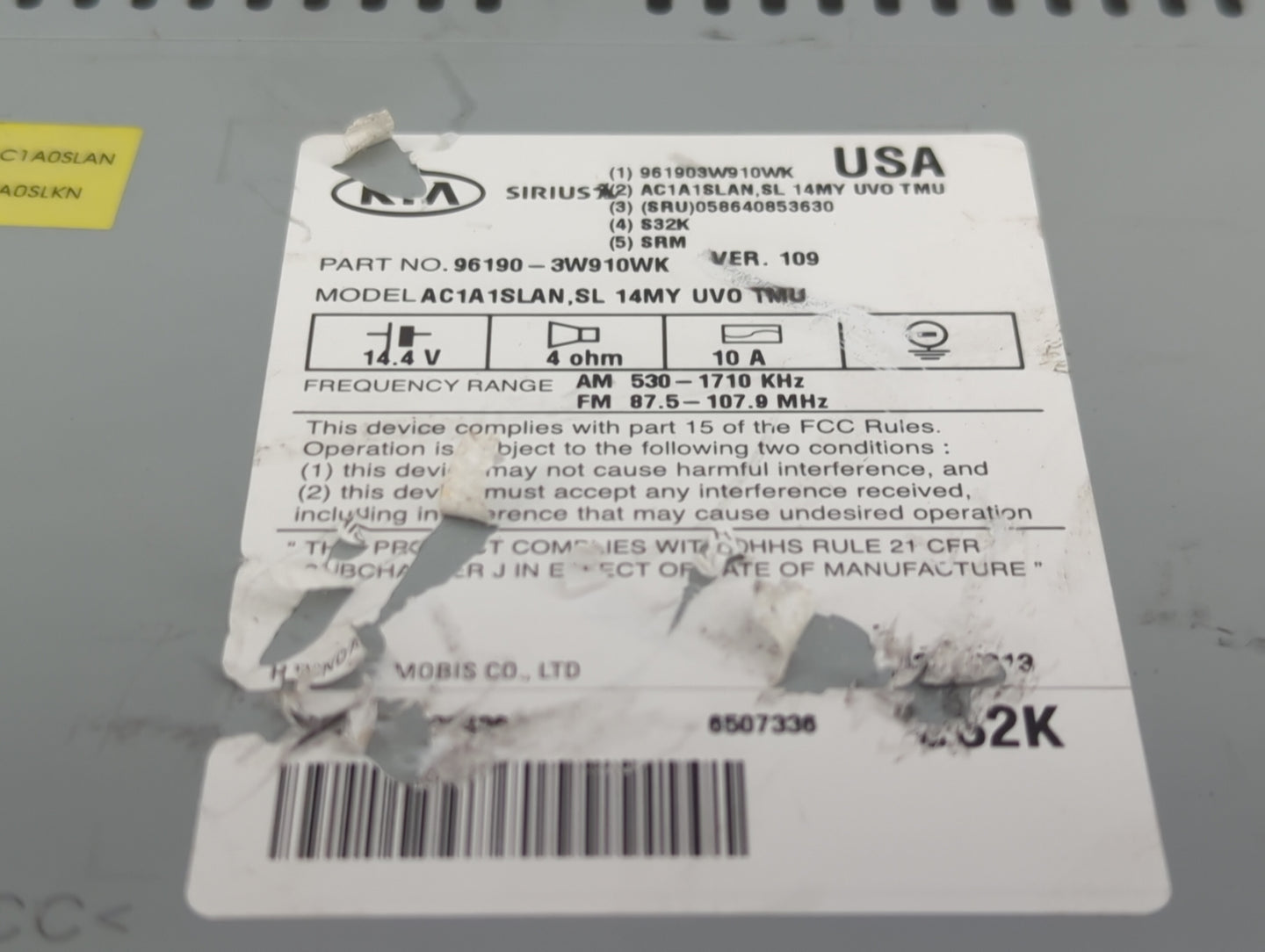 2014-2016 Kia Sportage Radio AM FM Cd Player Receiver Replacement P/N:96190-3W910WK Fits Fits 2014 2015 2016 OEM Used Auto P