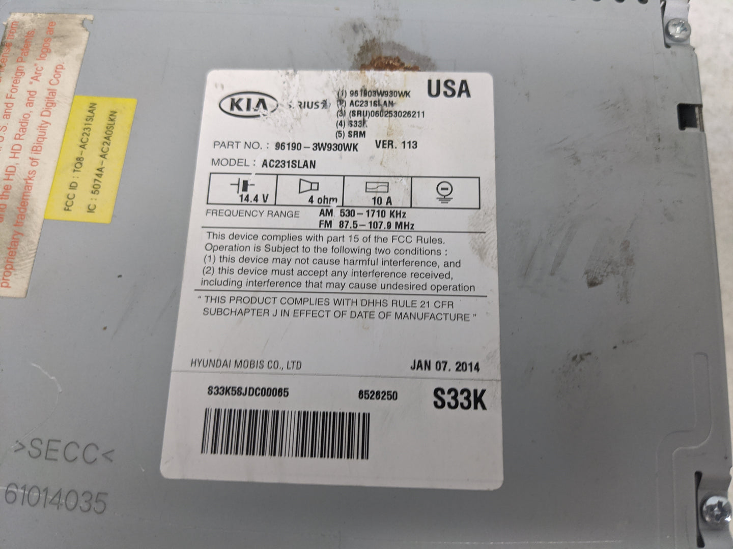 2014-2016 Kia Sportage Radio AM FM Cd Player Receiver Replacement P/N:96190-3W930WK AC231SLAN Fits Fits 2014 2015 2016 OEM U