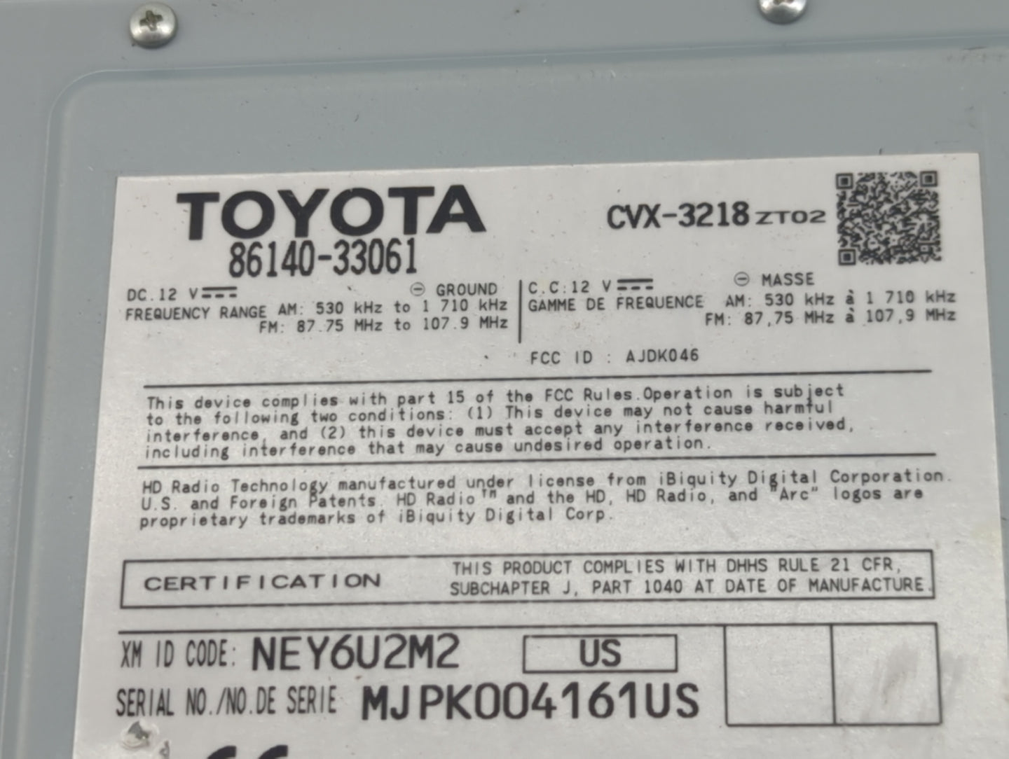 2014 Lexus Es350 Radio AM FM Cd Player Receiver Replacement P/N:86140-33061 Fits OEM Used Auto Parts - Oemusedautoparts1.com