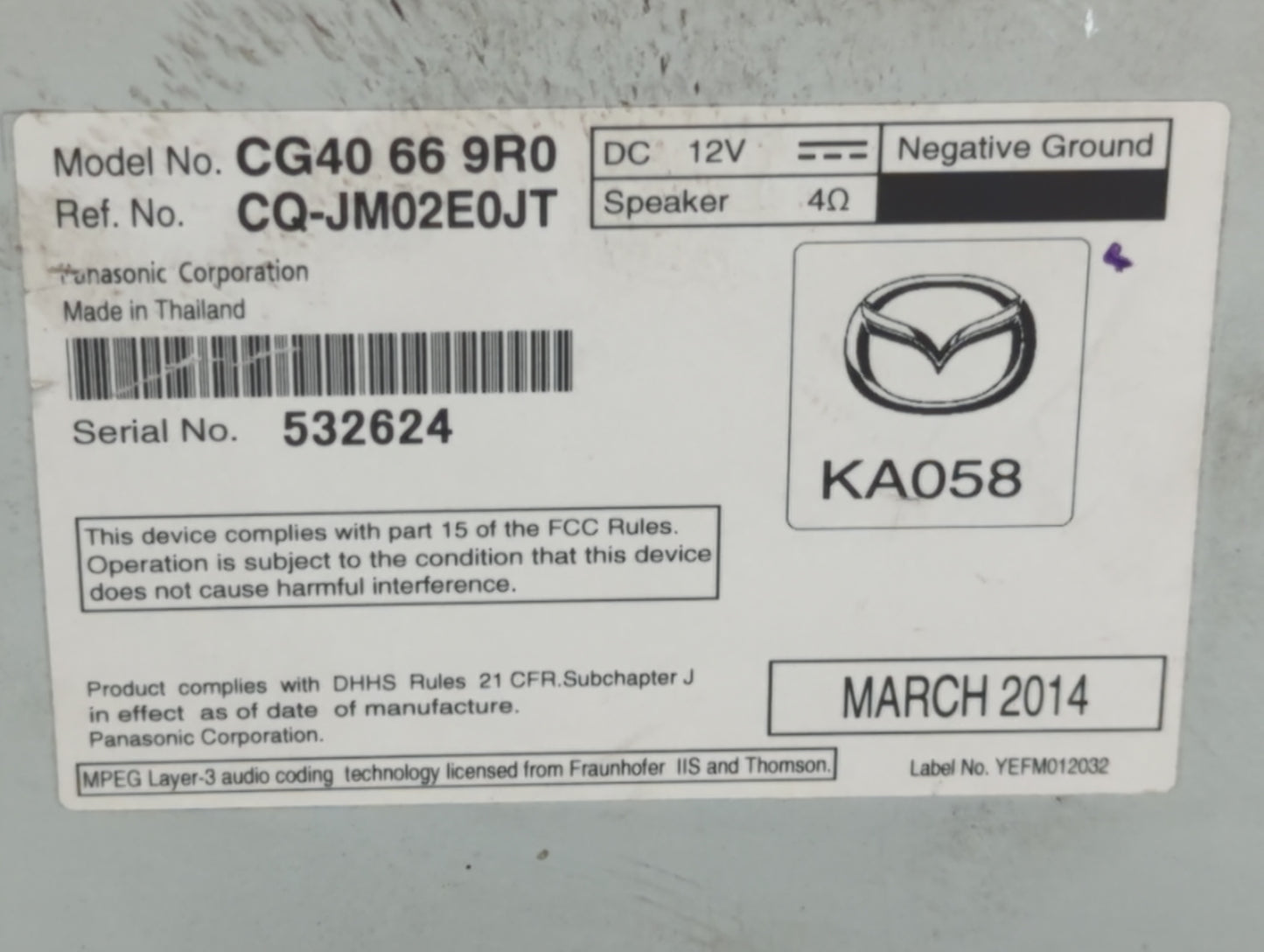 2013-2017 Mazda 5 Radio AM FM Cd Player Receiver Replacement P/N:CG40 66 9R0 Fits Fits 2013 2014 2015 2016 2017 OEM Used Aut