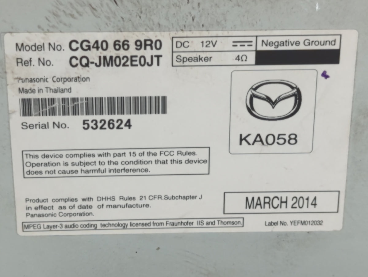2013-2017 Mazda 5 Radio AM FM Cd Player Receiver Replacement P/N:CG40 66 9R0 Fits 2013 2014 2015 2016 2017 OEM Used Auto Par