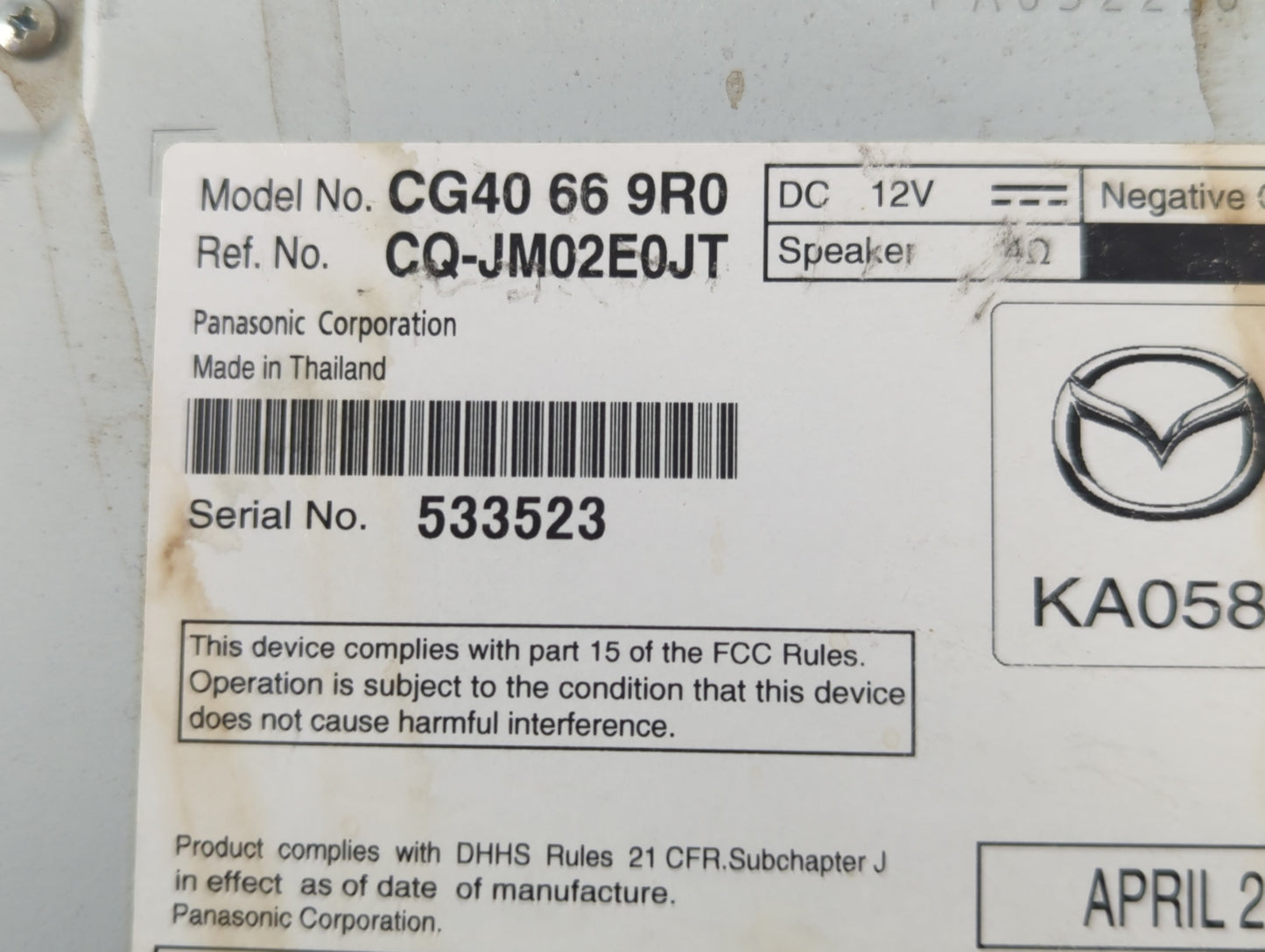 2013-2017 Mazda 5 Radio AM FM Cd Player Receiver Replacement P/N:CG40 66 9R0 Fits Fits 2013 2014 2015 2016 2017 OEM Used Aut