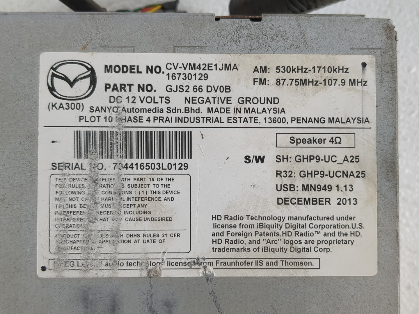 2014-2015 Mazda 6 Radio AM FM Cd Player Receiver Replacement P/N:GJS2 66 DV0B Fits Fits 2014 2015 OEM Used Auto Parts - Oemu