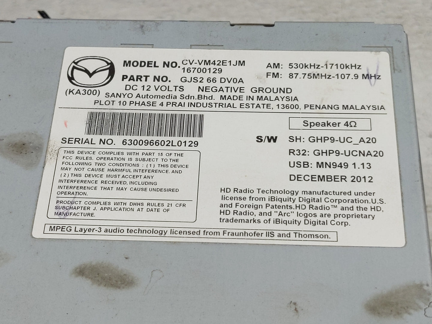 2014-2015 Mazda 6 Radio AM FM Cd Player Receiver Replacement P/N:GJS266DV0A Fits Fits 2013 2014 2015 2016 OEM Used Auto Part