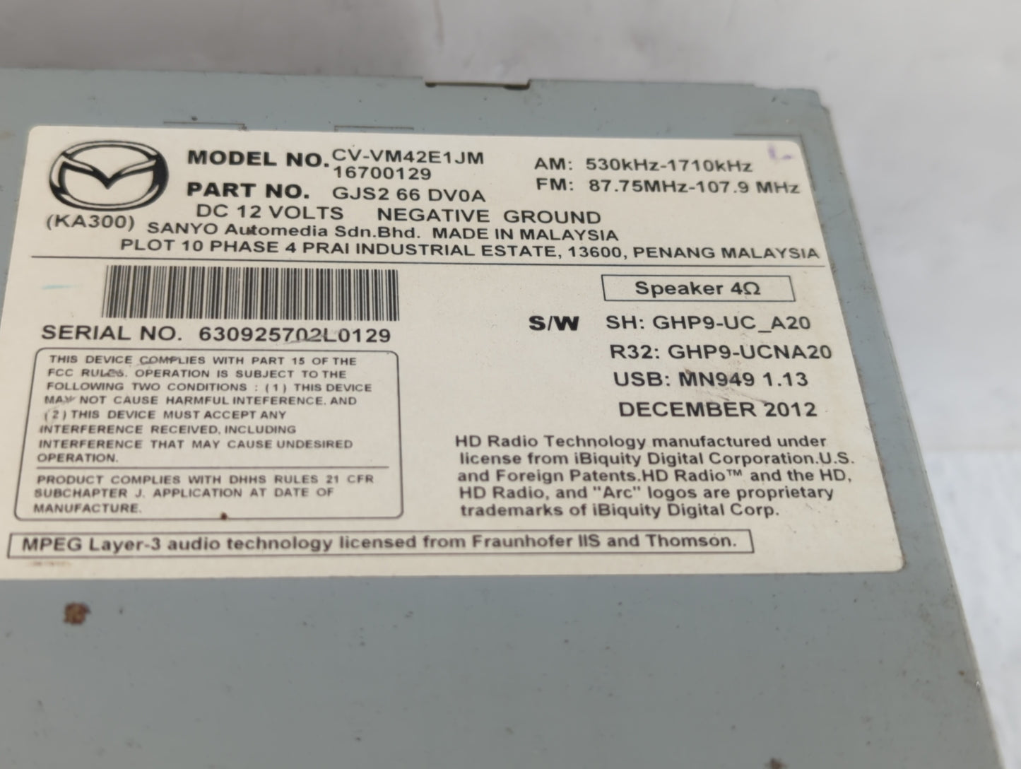 2014 Mazda 6 Radio AM FM Cd Player Receiver Replacement P/N:GJS1 66 DV0C 16730129, CV-VM42E1JMA, GJS1 66 DV0A, GJS2 66 DV0B 