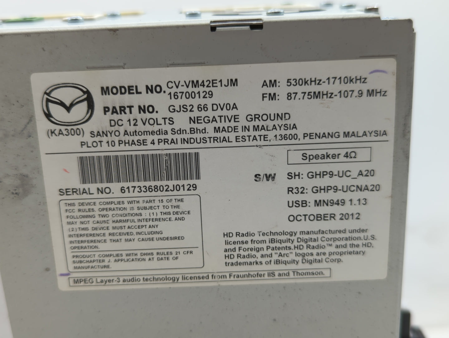 2014 Mazda 6 Radio AM FM Cd Player Receiver Replacement P/N:GJS2 66 DV0C GJS1 66 DV0C, 16730129, CV-VM42E1JMA, GJS1 66 DV0A 