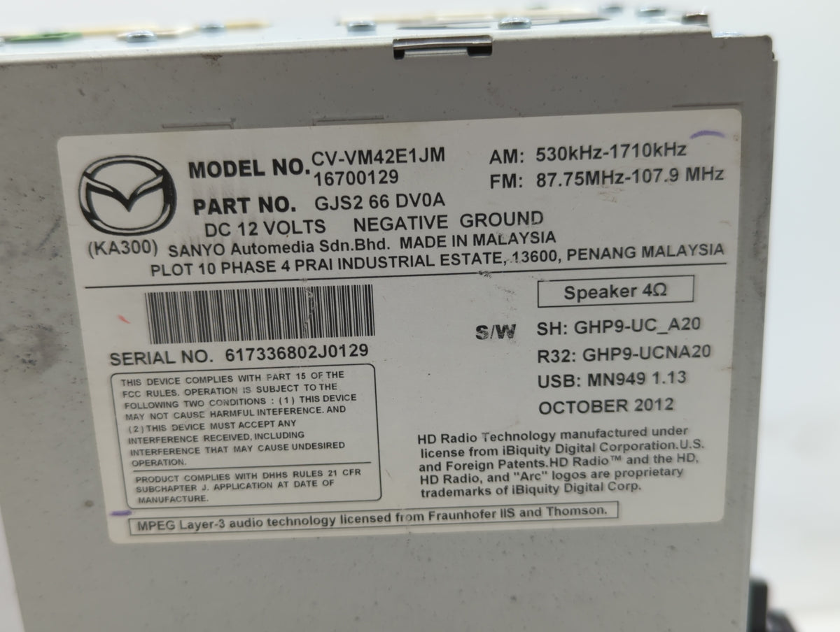 2014 Mazda 6 Radio AM FM Cd Player Receiver Replacement P/N:GJS2 66 DV0C GJS1 66 DV0C, 16730129, CV-VM42E1JMA, GJS1 66 DV0A 