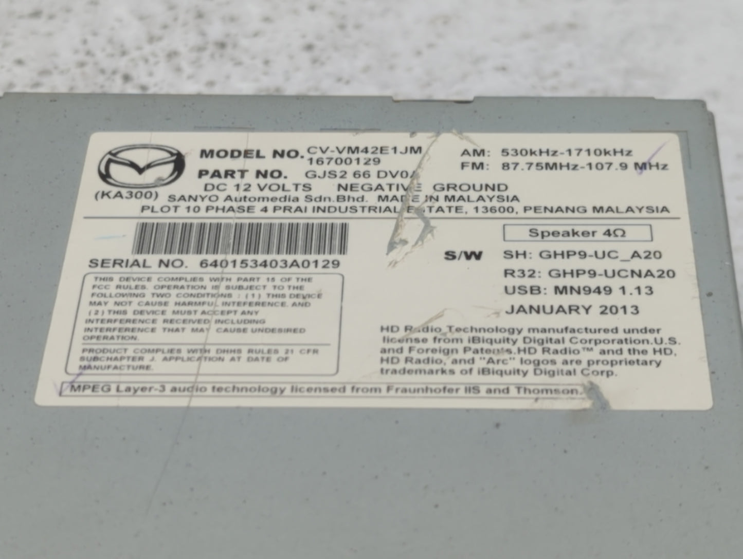 2014 Mazda 6 Radio AM FM Cd Player Receiver Replacement P/N:GJS2 66 DV0A GJS2 66 DV0B, GJS1 66 DV0B, GJS2 66 DV0C Fits OEM U