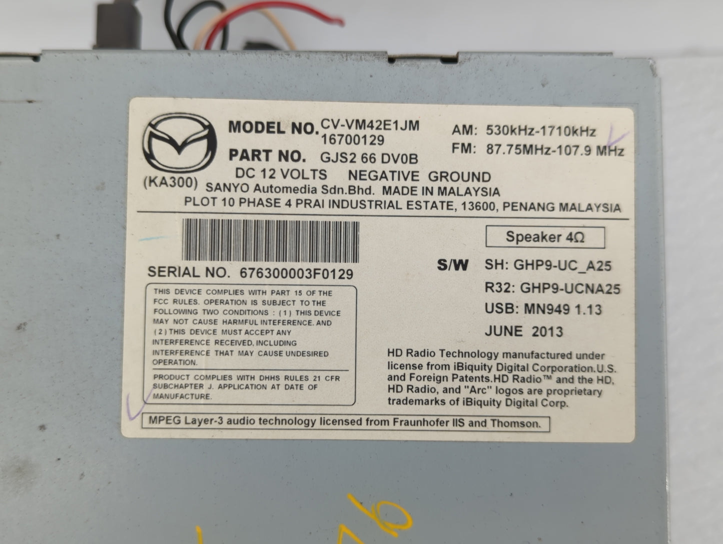 2014-2015 Mazda 6 Radio AM FM Cd Player Receiver Replacement P/N:GJS2 66 DV0B Fits Fits 2014 2015 OEM Used Auto Parts - Oemu