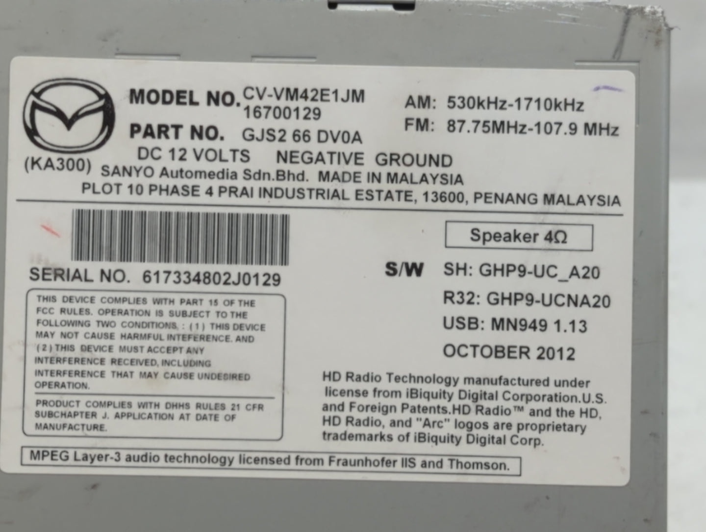 2014 Mazda 6 Am Fm Cd Player Radio Receiver - Oemusedautoparts1.com