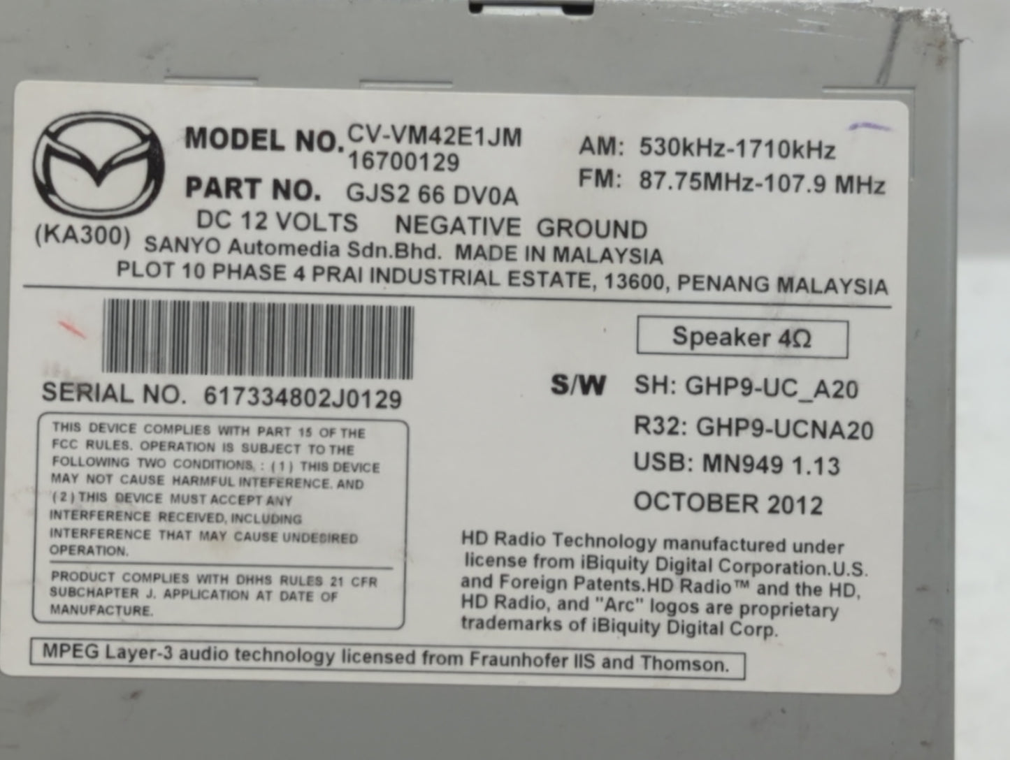 2014 Mazda 6 Am Fm Cd Player Radio Receiver - Oemusedautoparts1.com