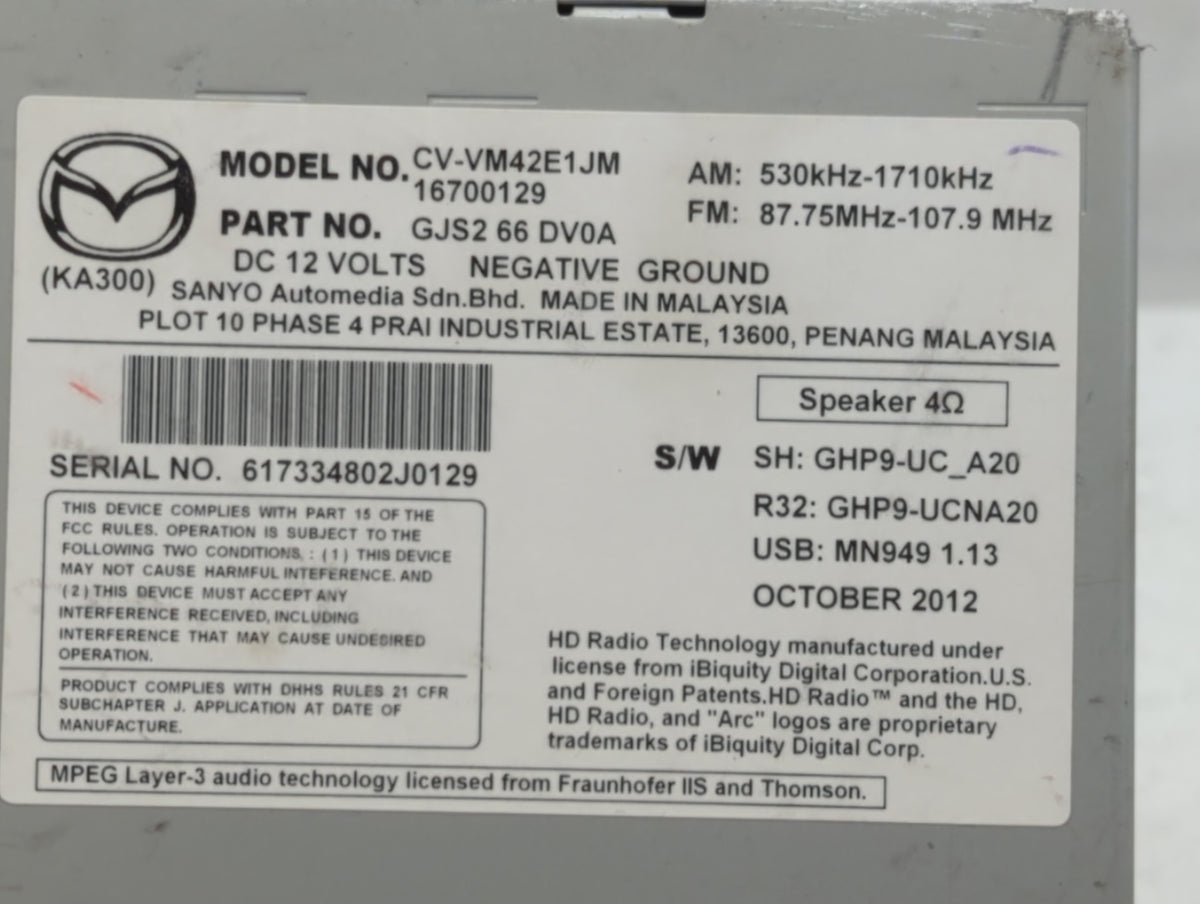 2014 Mazda 6 Radio AM FM Cd Player Receiver Replacement P/N:GJS2 66 DV0B GJS2 66 DV0A, GJS1 66 DV0B, GJS2 66 DV0C, GJS1 66 D