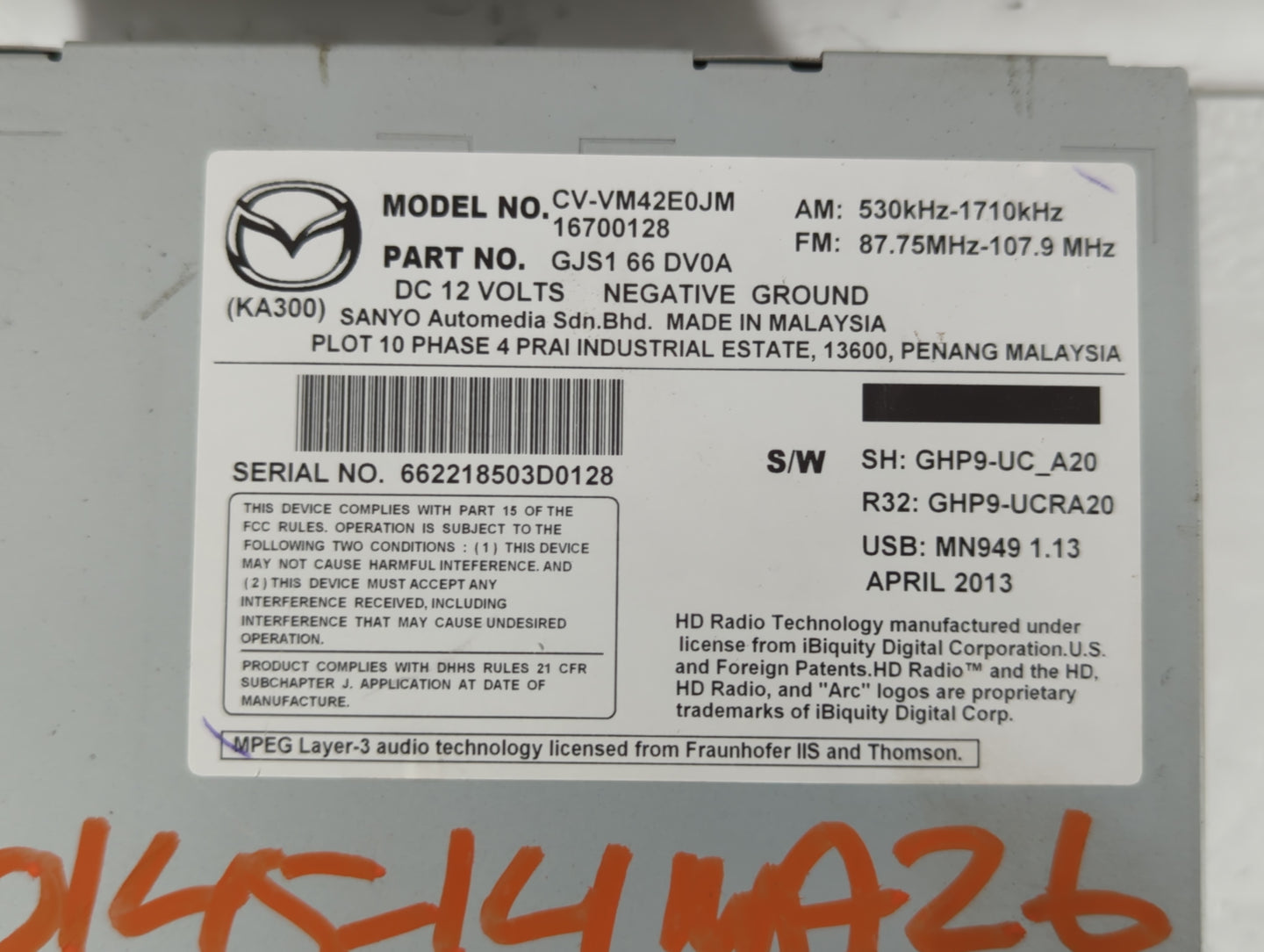2014-2015 Mazda 6 Radio AM FM Cd Player Receiver Replacement P/N:16700128 CV-VM42E0JM, GJS1 66 DV0A Fits Fits 2014 2015 OEM 