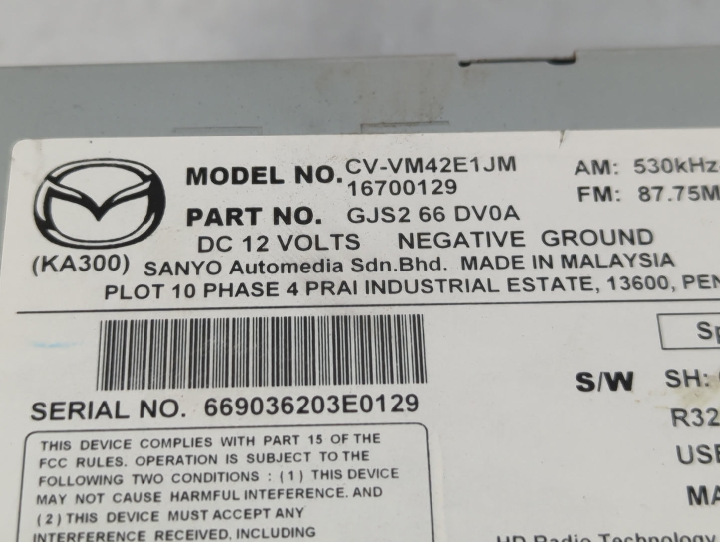 2014-2015 Mazda 6 Radio AM FM Cd Player Receiver Replacement P/N:GJS2 66 DV0B Fits Fits 2014 2015 OEM Used Auto Parts - Oemu