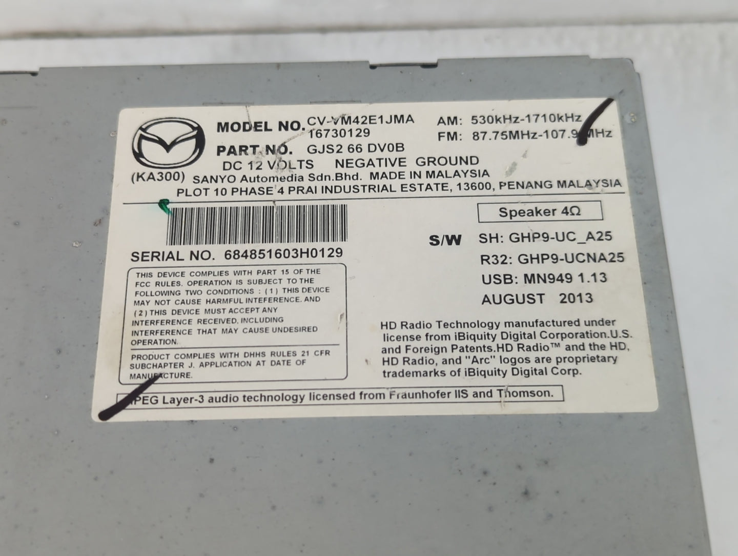 2014-2015 Mazda 6 Radio AM FM Cd Player Receiver Replacement P/N:GJS2 66 DV0B Fits Fits 2014 2015 OEM Used Auto Parts - Oemu